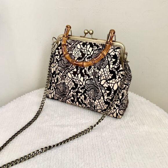 Handmade Real hair-on-horsehide Black Lace Printed Metal Frame Bamboo Handle Bag - Picture 5 of 16